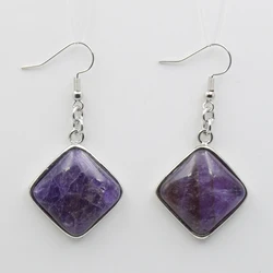New Geometry Natural Stone Crystal Pendant Dangle Earrings Girls Women Jewelry Square White Pink Quartzs Lapis Hook Earring