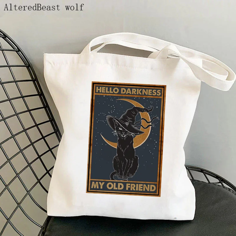 

Women Shopper bag Black Cat Witch Halloween Hello Darkness My Old Friend Bag Harajuku Shopping handbag Tote Shoulder Lady Bag