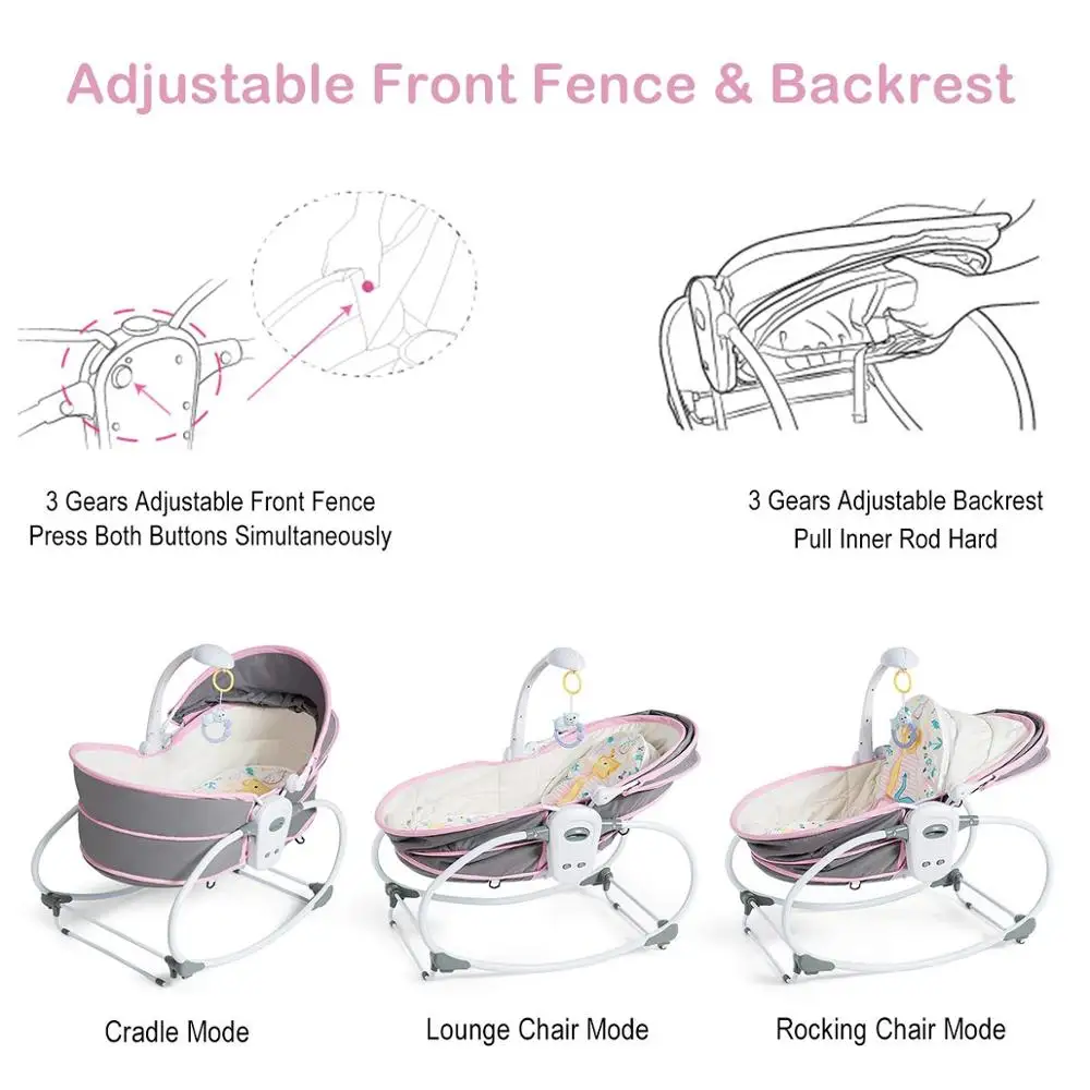 5 in 1 Electric Baby Rocking Crib, Electric Baby Cradle Vibration Crib Rocking Chair, Can Sit Can Lift Basket, Pink Baby Rocker