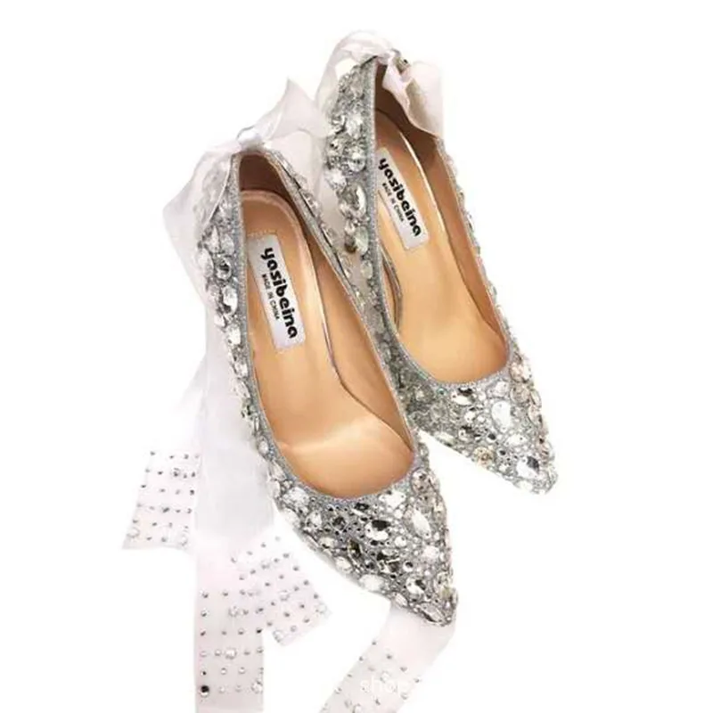 Fashion Women Pumps Thin High Heels Sexy Party Women Shoes Sequined Cloth Slip On 7CM Thin High Heels Pointed Toe Rhinestones