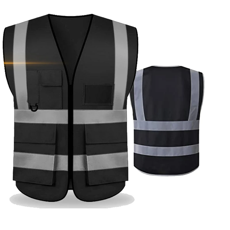 Multi Pockets Black Reflective Safety Vest with Pockets High Visibility Sliver Strip for Men and Women Bike Custom Logo Female