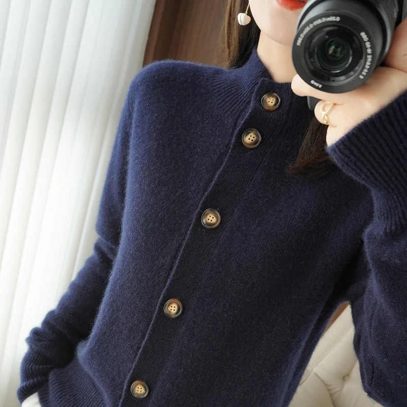 Autumn and Winter 100% Wool Cashmere Sweater Women\'s Self-Cultivation Half High Neck Cardigan Warm Knitted Sweater Women