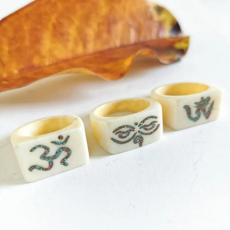 Tibetan Amulet Symbols Ring for Man Real Yak Bone Carved OM Buddha Eye Rings R010