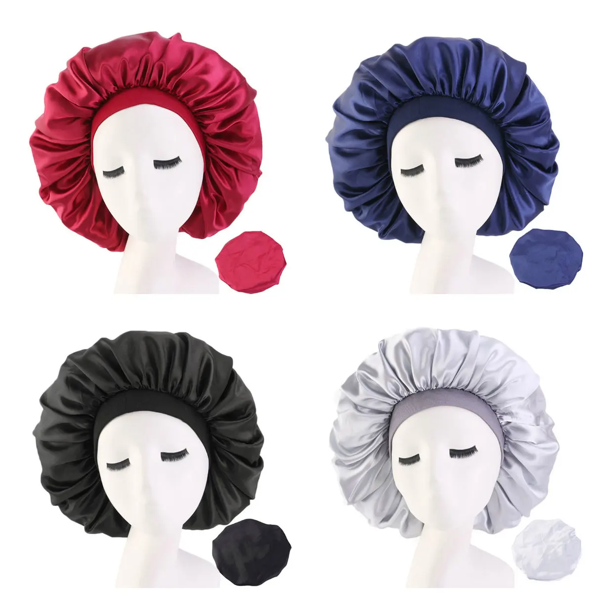 Newly Fashion Women Satin Night Sleep Cap Hair Bonnet Hat Silk Head Cover Wide Elastic Band Hair Care For Women Men Unisex 1pcs