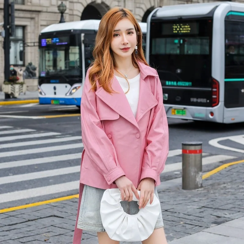 Autumn Spring Women Genuine Leather Short Windbreakers Loose Long Sleeve Outerwear Pink Sheepskin Jacket Casual Biker Coat M-3XL