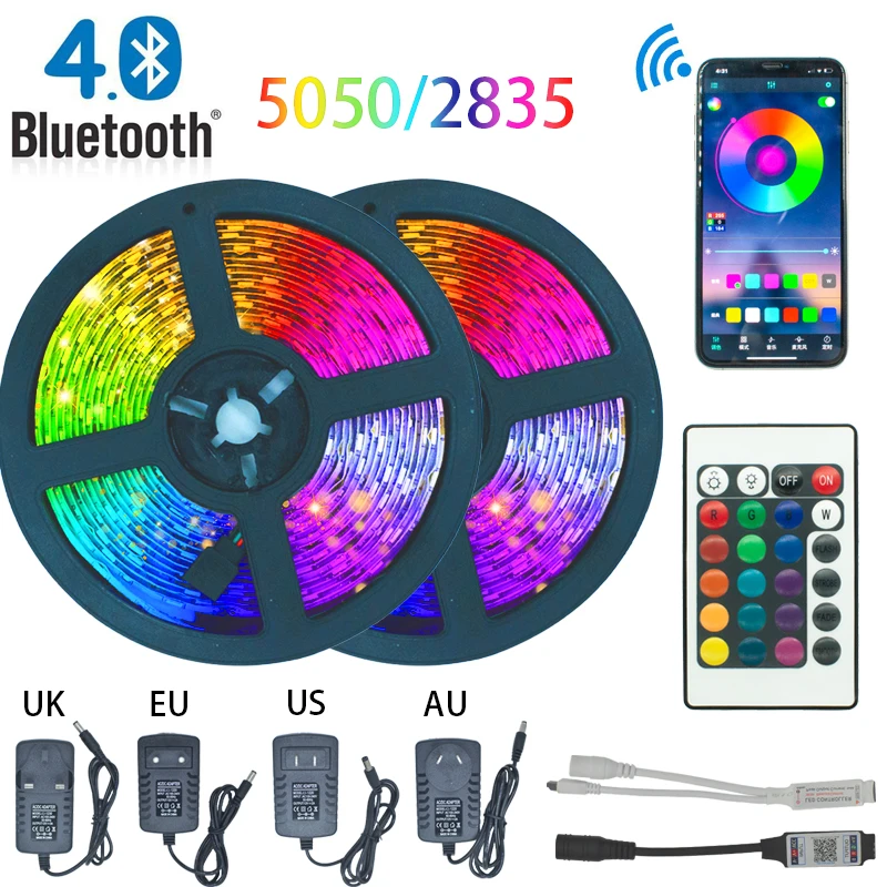 Tira de luces LED con Control IR, cinta Flexible resistente al agua, con Bluetooth, DC 12V, enchufe estadounidense y europeo, 5M, 10M, 15M, RGB 5050