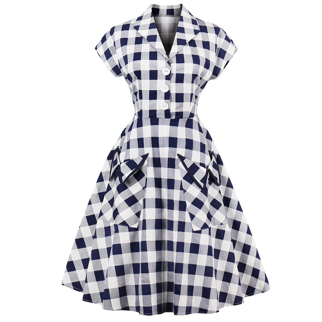 Retro Vintage Women Summer Dress With Pocket Plaid Print England Style Office OL Cotton Party Sundress Oversized Swing Dresses