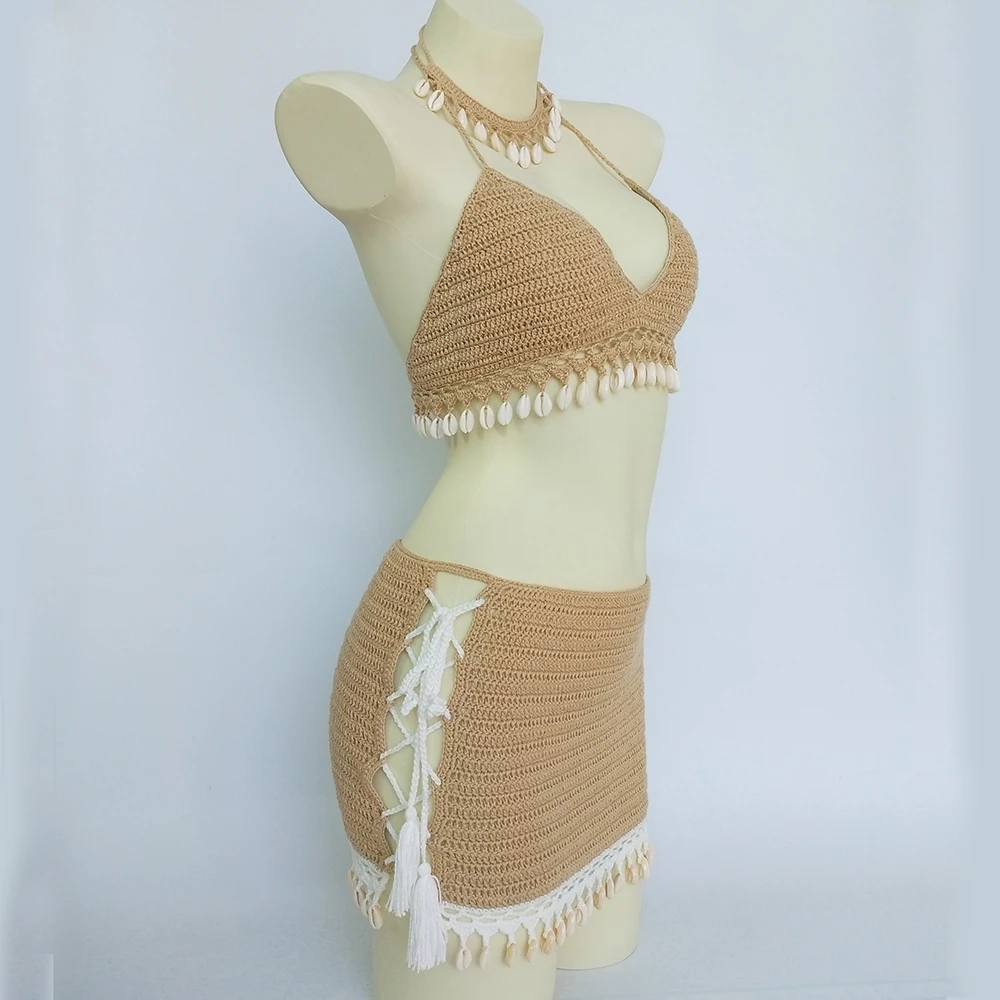 Fashion Shell Set 3 Piece Bikini Set Woman Fringed Crochet Bikini Top Sexy Beach Dress Lace Mini Skirt and Shell Necklace