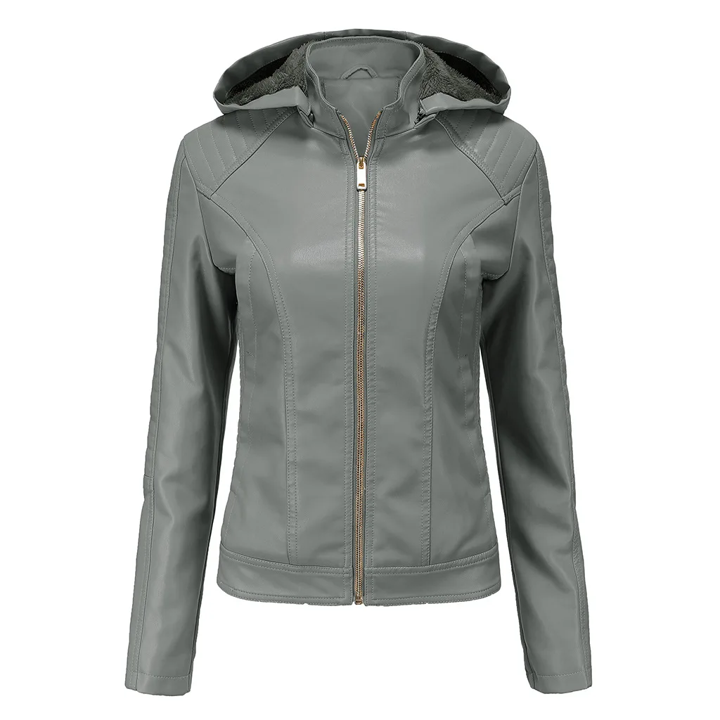 Chaqueta de cuero con capucha de lana negra para mujer, abrigo de motocicleta con borde de moda, Tops de interruptor de cremallera, rojo, caqui, gris, invierno, nuevo