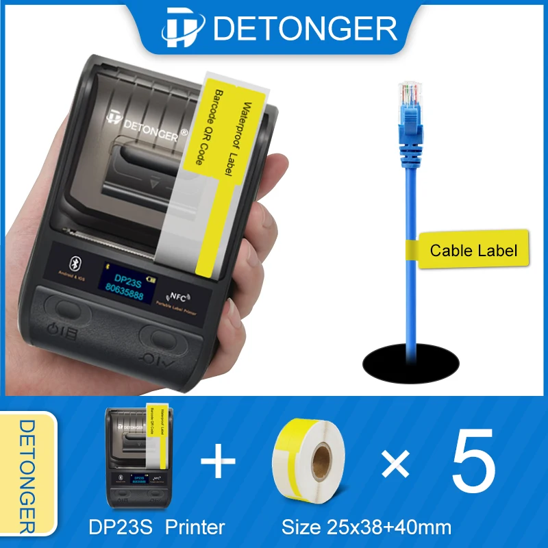 DETONGER DP23S 20-50mmThermal Label Printer Plus 5 Rolls Paper Multifunctional Mini Adhensive Hand Barcode Sticker Maker