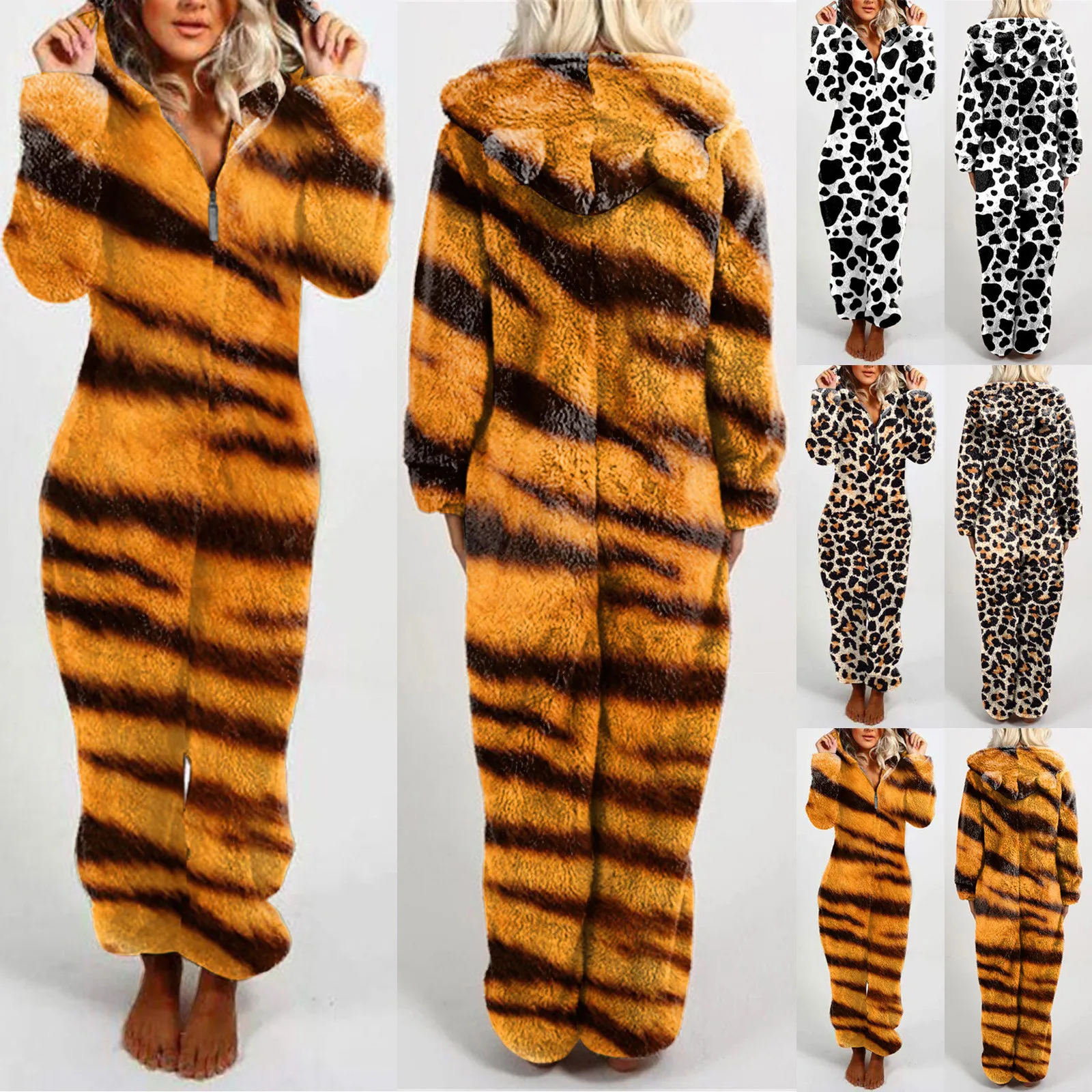 Autumn Winter Animal Leopard Tiger Print Onesies Women Long Sleeve Pajamas Hooded Jumpsuit Warm Plush Fleece Sleepwear Pijama