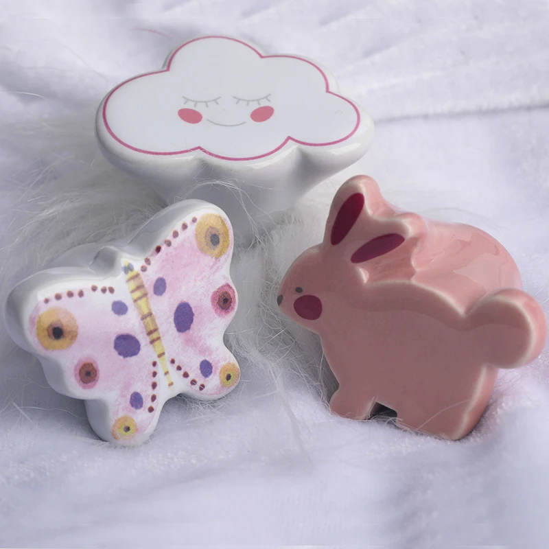 Color exquisite small animal ceramic cartoon cute child handle Clouds, butterfly rabbit drawer shoe cabinet tv cabinet knob pull