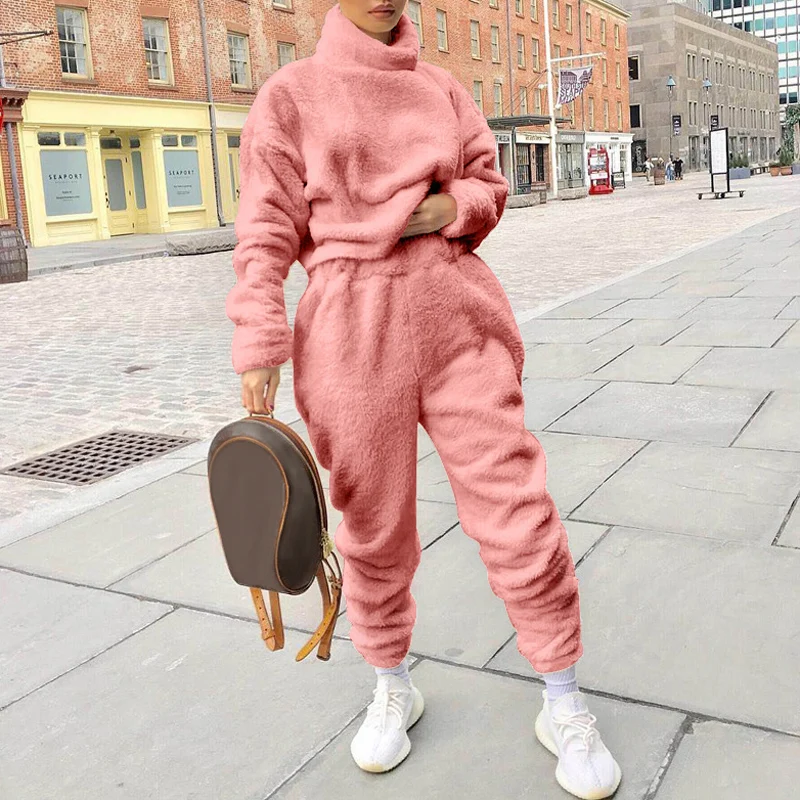 Fashion Autumn Winter Elegant 2 Piece Sets Women Outfits Solid Tracksuits Women Warm Cashmere Suit Casual Wear White Sweatpants