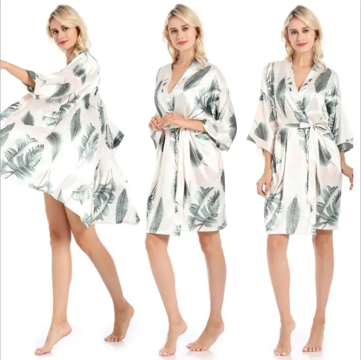 

tropical robes V Neck Belted Women Half Sleeve Sleepwear Elegant Satin Dressing Gown Bathrobe Home Pajamas