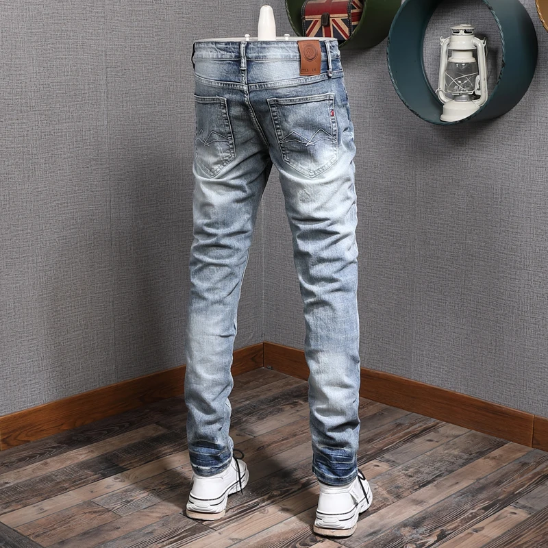 Casual Light Blue Jeans Men Classic Regular Fit Straight Denim Pants