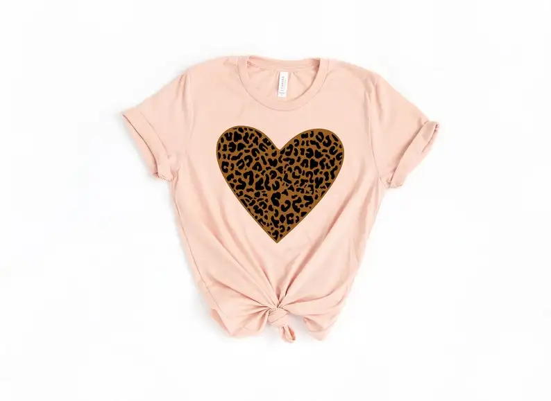 Valentines Day Leopard heart Valentines Day For Women Heart Cute Love Shirt 100% cotton Funny Graphic Casual O Neck Short Sleeve