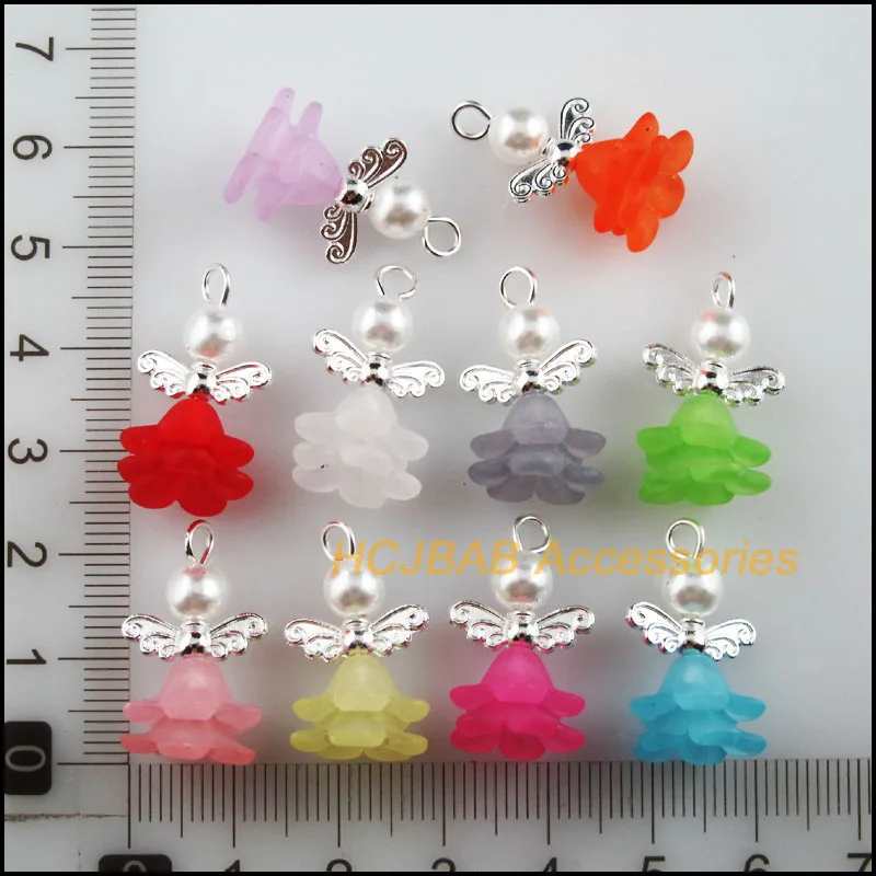 20 Nieuwe Tiny Angel Charms Gemengde Acryl Verzilverd Wings Hangers 14x22mm