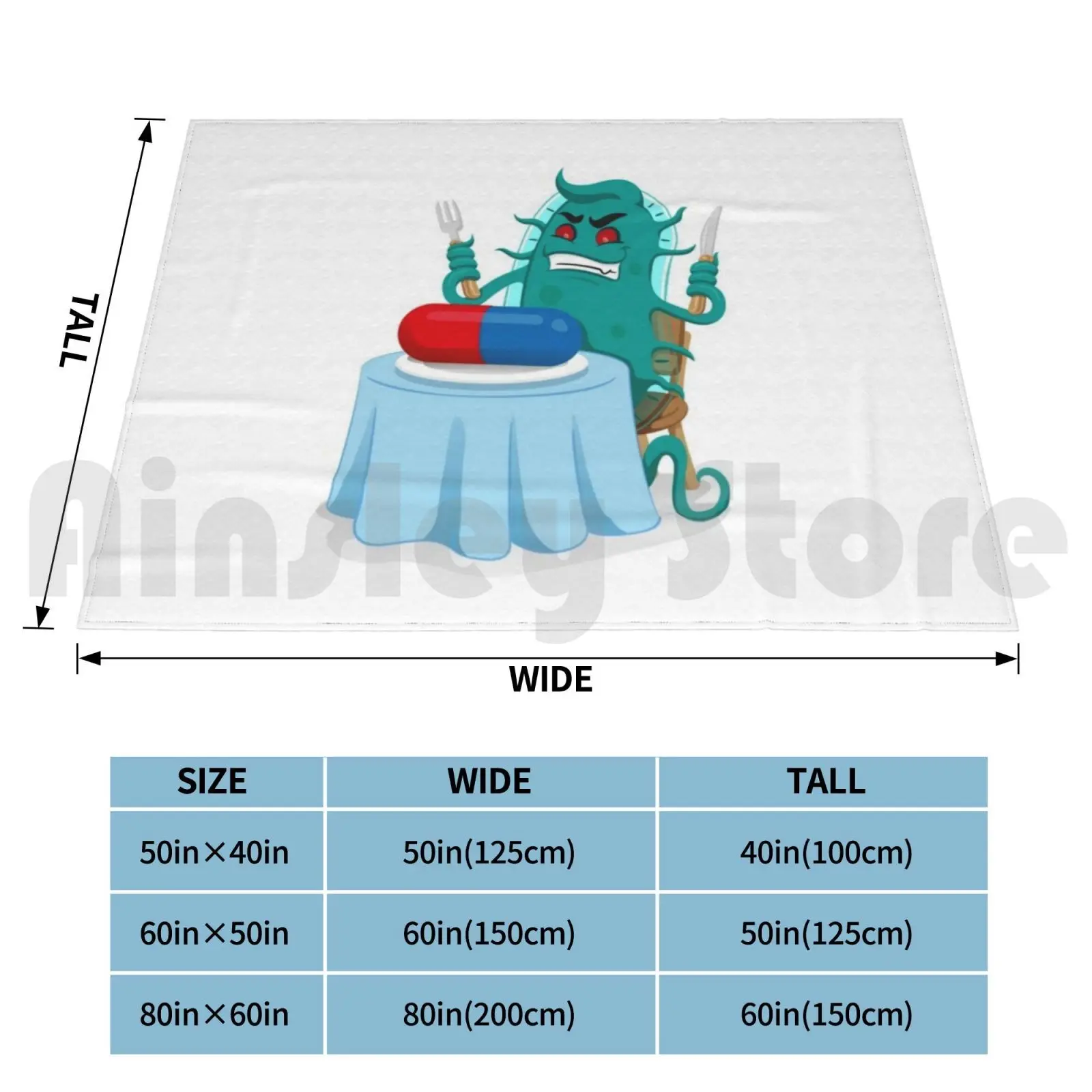 Blanket Cartoon Representation Of A Super Bacterium A Microorganism , Sitting At The Table Feeding The Medicine