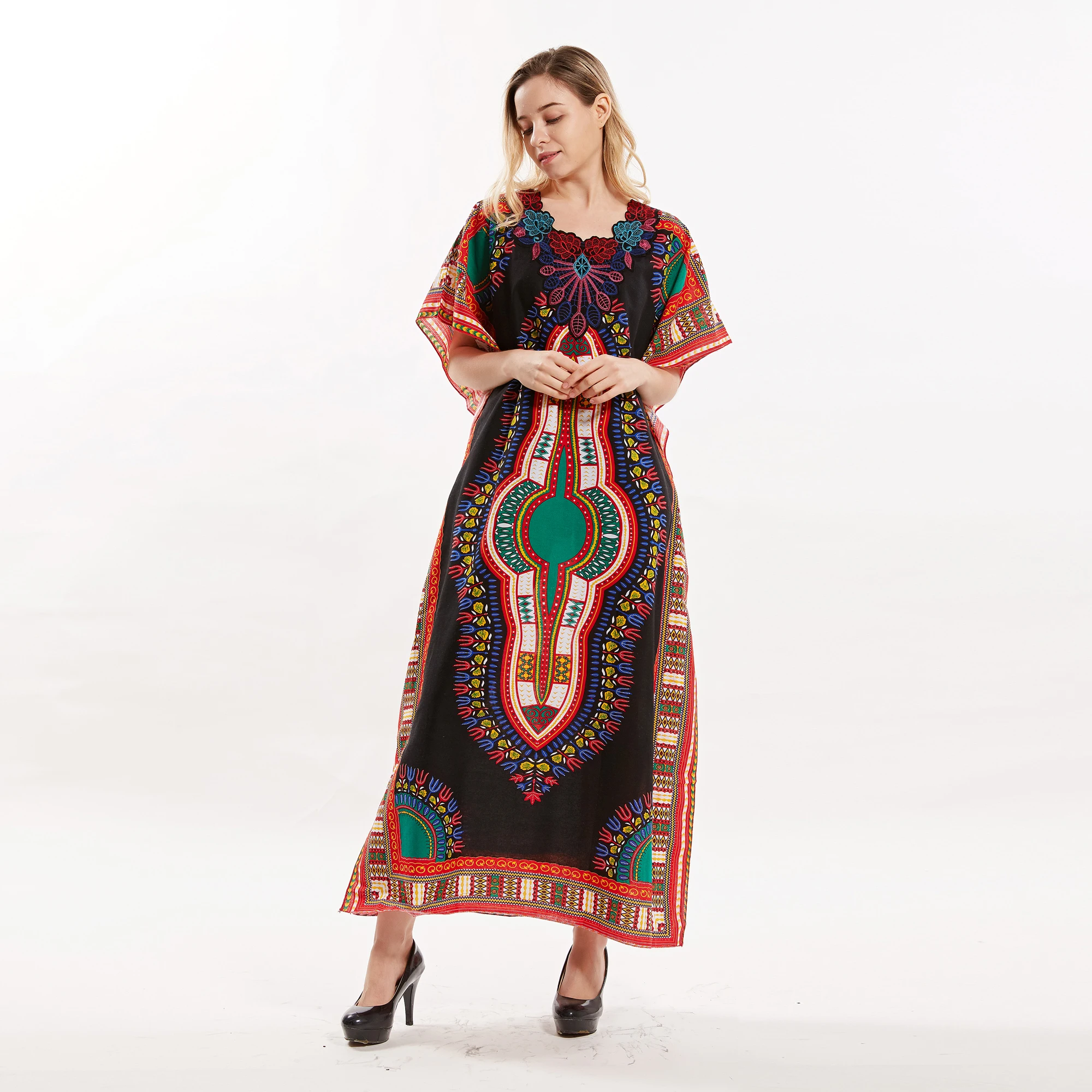 

African Classy Embroidery Dashiki Women Bat-wing Ethnic Long Dresses