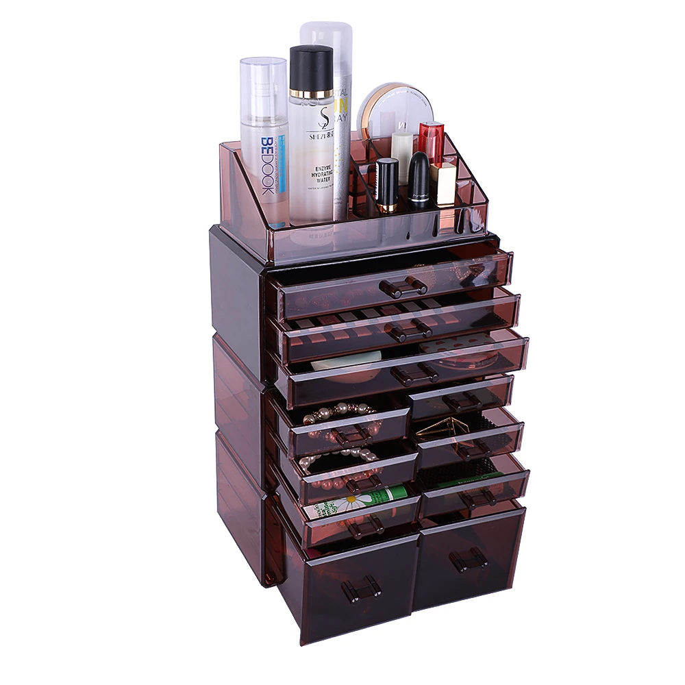 SF-1122-10 4Pcs/Set Plastic Cosmetics Storage Rack Transparent Coffee Makeup Organizer Cosmetics Storage Rack