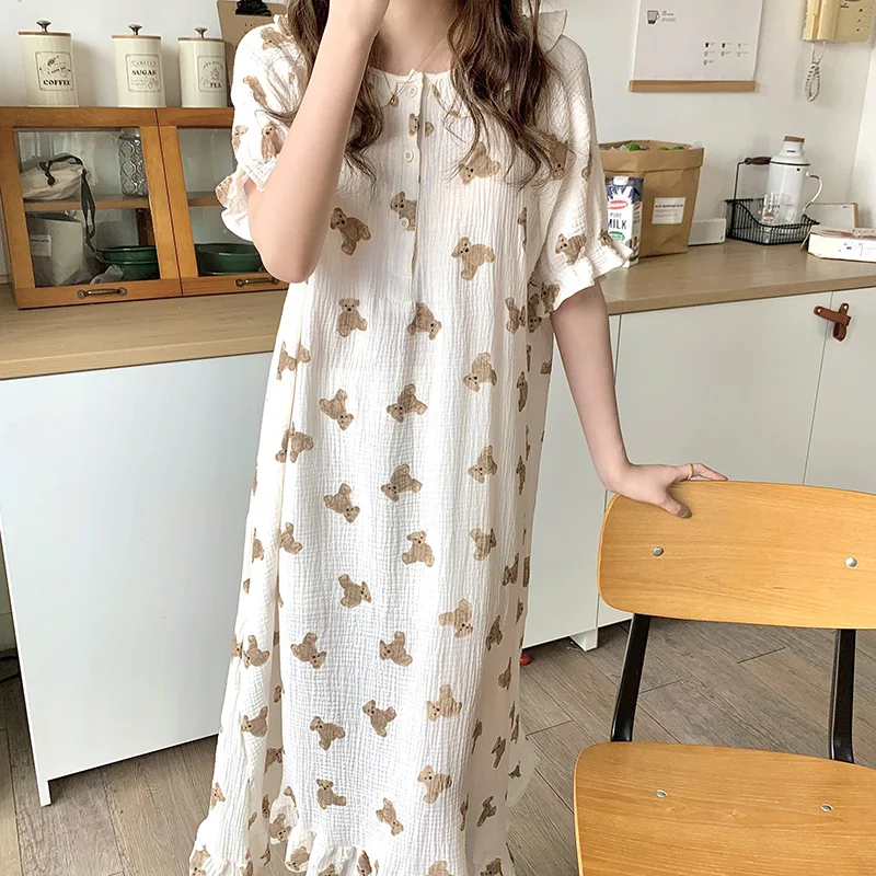 Bear Cartoon Print Summer Nightgown Korean Soft Cotton Long Sleepwear Short Sleeve Ruffles Nightdress Buttons Kawaii Homewear