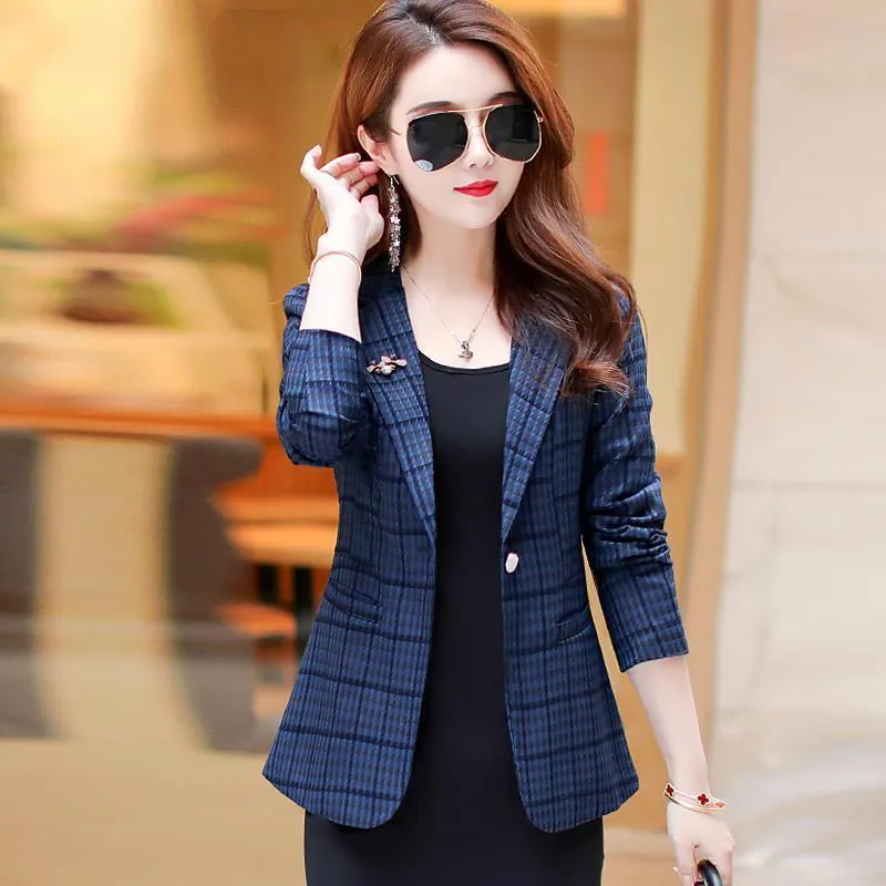 PEONFLY  Spring Plaid Blazer Femme Double Breasted Suit Jacket for Women 2024 Oversized Vintage Americana Mujer Outwear