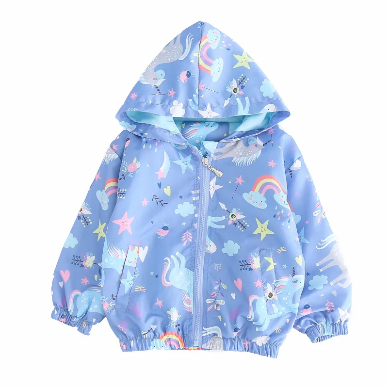 Kids Girls Long Sleeve Windbreaker Unicorn Jacket Cartoon Hooded Blue Color Jackets Fahion Outerwear for 2-7years Old