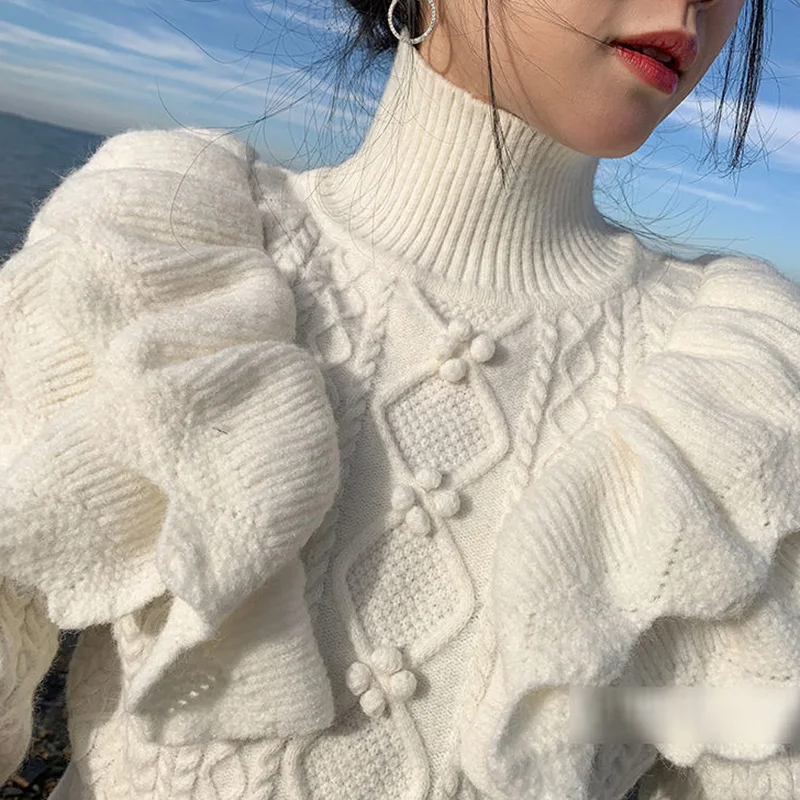 Autumn Winter Women Vintage Pullovers Sweaters 2021 Korean Fashion Turtleneck Long Sleeve Ruffles Elegant Sweater Sueter Mujer