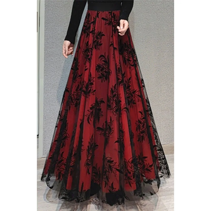 2022 New Plus Size 5XL Fashion Female High-quality Black and White Big Flower Mesh Women's Elegant Long Maxi Skirts for Womens