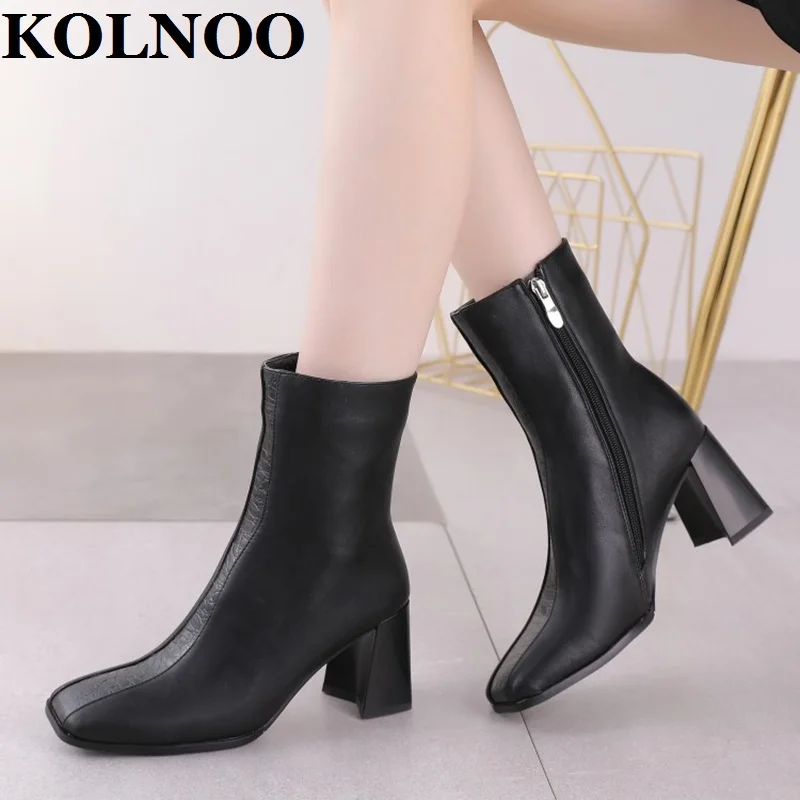 Kolnoo Handmade Womens Thick Heels Ankle Boots Geniune Leather Real Photos Black Dress Booties Evening Fashion Winter Shoes