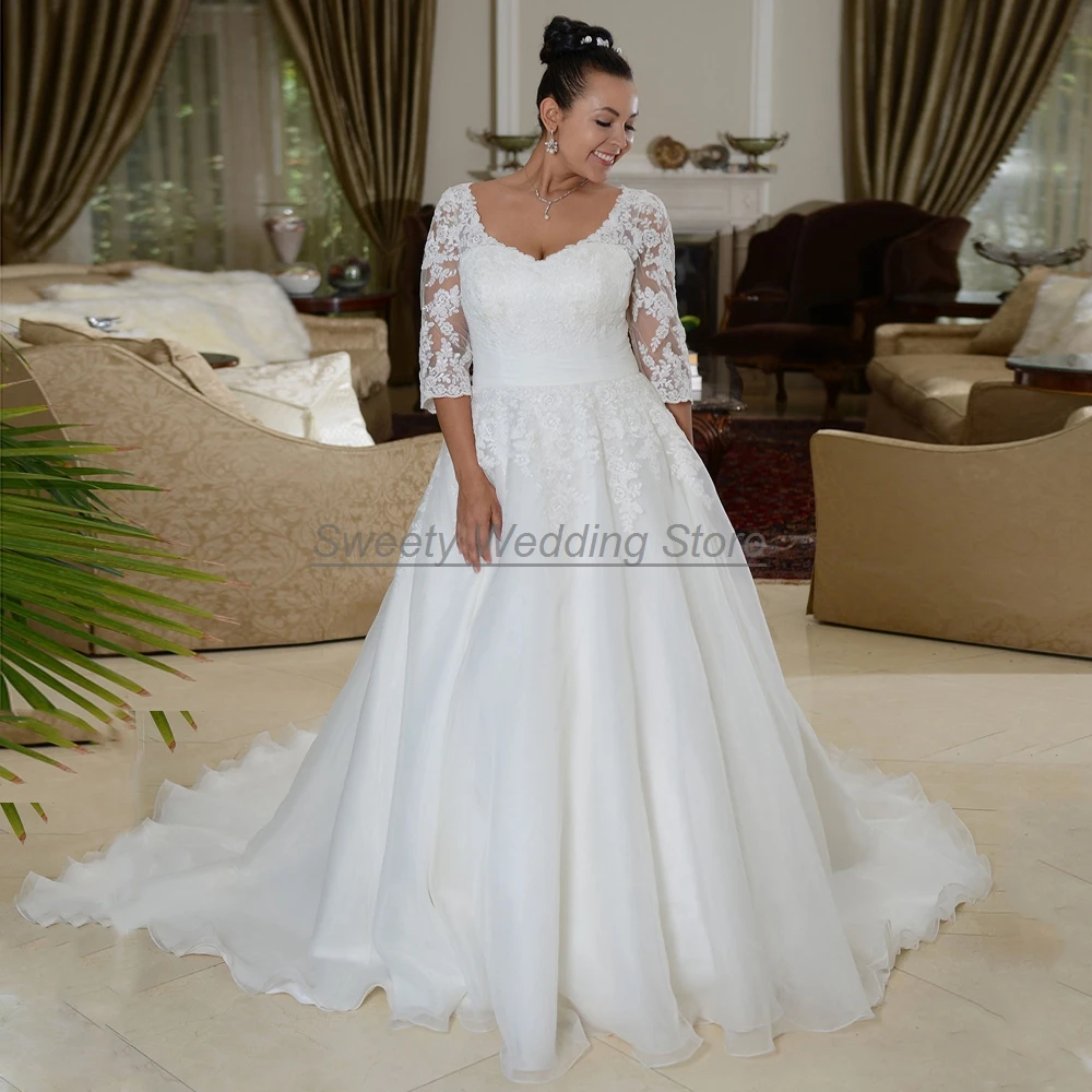 Classic Organza Wedding Dress Plus Size Deep V Neck 3/4 Sleeves Appliques A Line Court Train Bridal Gowns