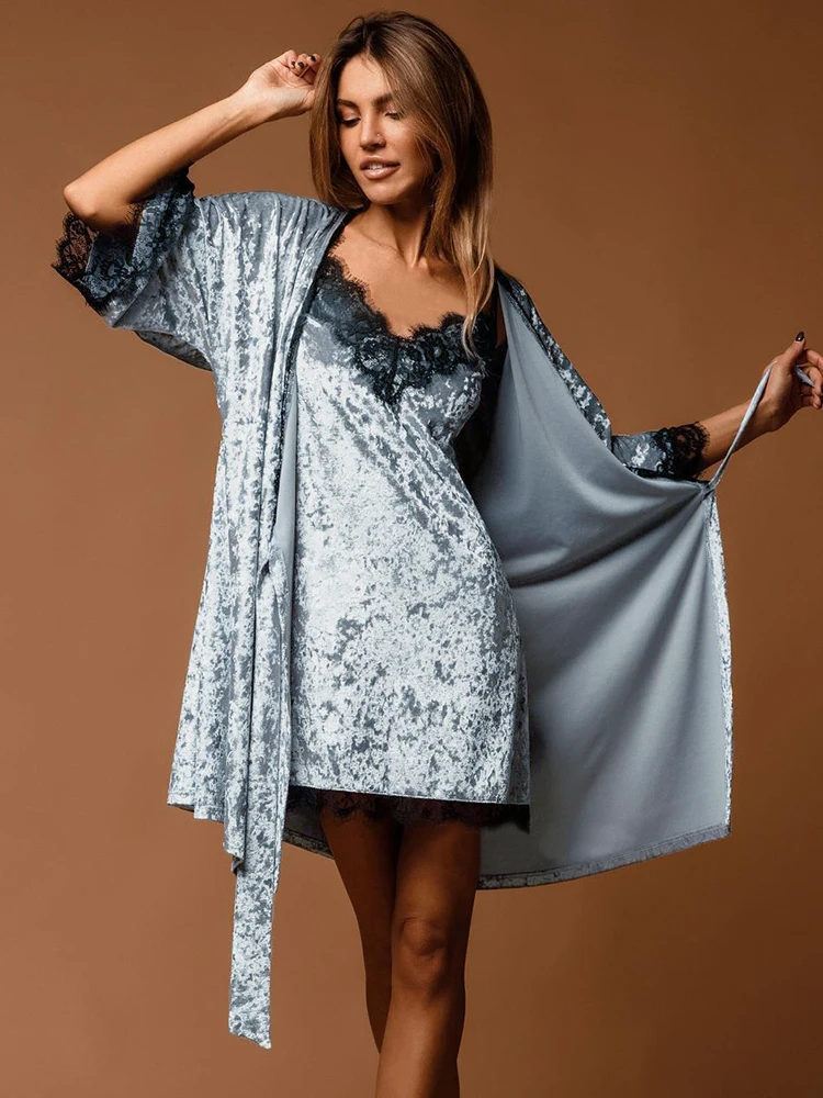 Lace Patchwork Women's Pajamas Night Dress Women Robe Pajama Sets Velour Nightgowns Bathrobes Set Woman 2 Pieces Velvet Roomware