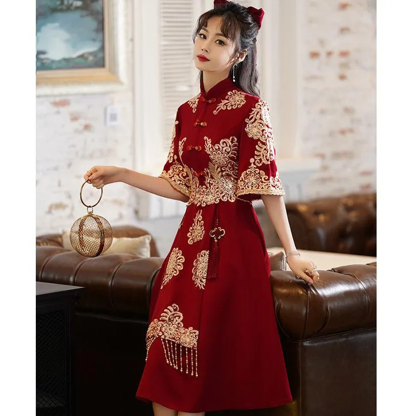 Women Burgundy Appliques Chinese Bride Wedding Prom Dress Gown Vintage Button Cheongsam Slim Half Sleeve Qipao Oversize 3xl