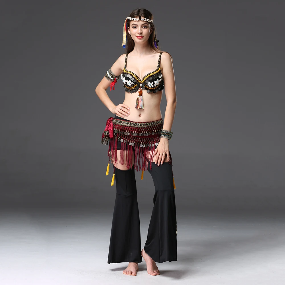 Women Belly Dancing Clothes Tribal 2 Piece Outfit Coins Bra, Tassel Hip Scarf Tribal Belly Dance Costume Set Professional