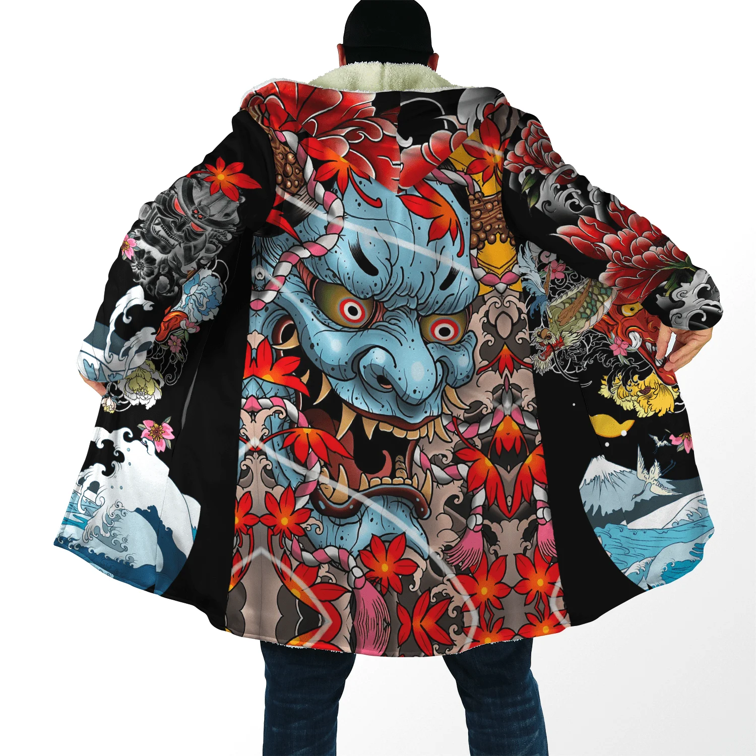 

Drop shipping Winter Mens Cloak Samurai Oni Mask Tattoo 3D Printing Fleece Hooded cloak Unisex Casual Thick Warm Cape coat PF32