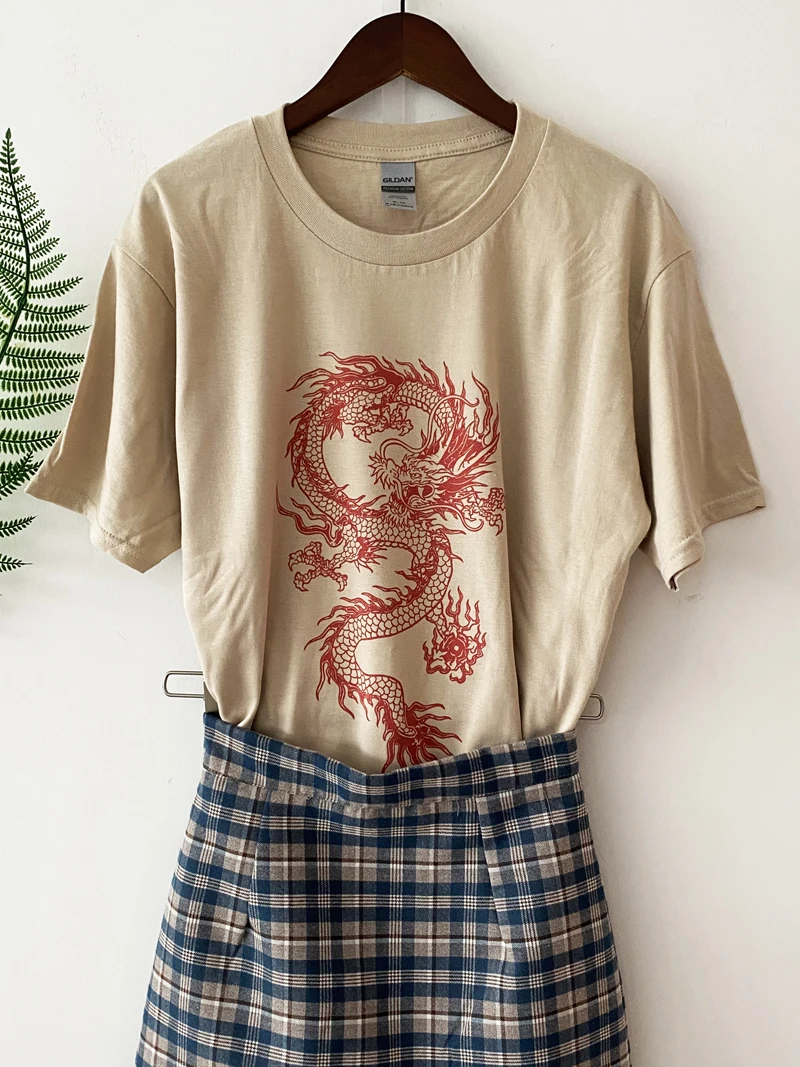 sunfiz YF Big Dragon Large Sizes Female T-shirt Dragon Print on Clothes Top Oversize T-shirt Summer Short Sleeve Harajuku