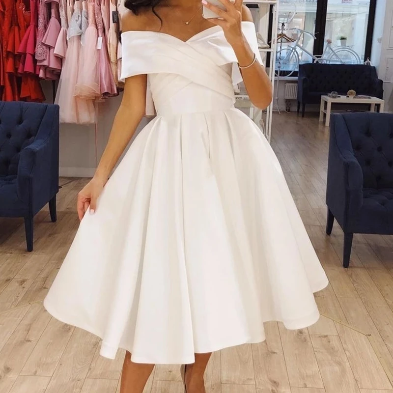 Kurze Hochzeit Kleid Satin Knie Länge 2023 Falte Einfache Off Schulter Brautkleid Für Frauen Bräute Elegante Günstige Robe De mariee