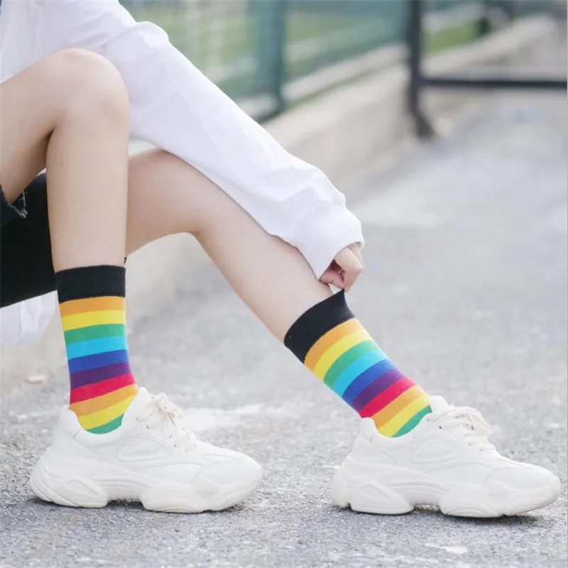 2020 Cotton Elasticity Sweat Women's High Socks Candy Color Rainbow Socks Striped Sporty Meias Casual Streetwear Harajuku Socks