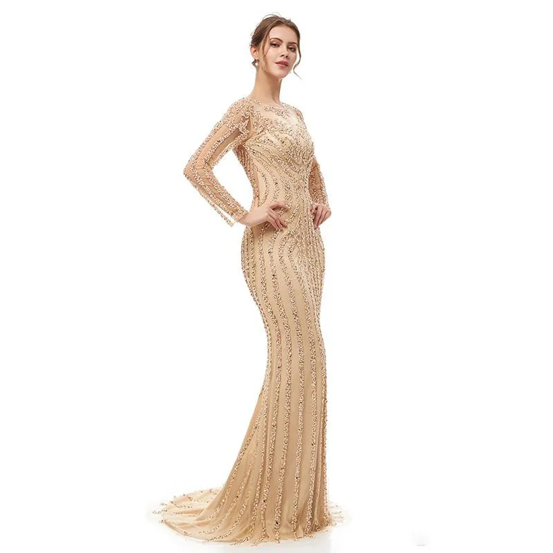 2021 Luxury Mermaid Sequins เซ็กซี่ชุด Sparkly Prom Party Dresses ดูไบแสดงแขนยาว Sheer Bodice ชุดราตรี016