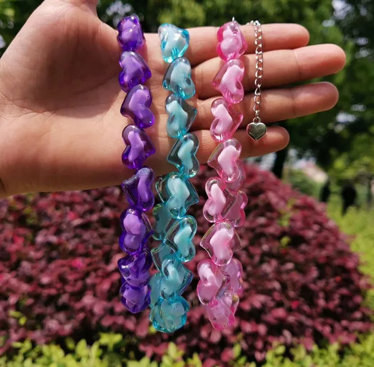 Punk Hiopop Acrylic Heart Beads Choker Necklace for Women Hiphop Resin Geometric Collar Necklace Y2K Party Jewelry Gifts