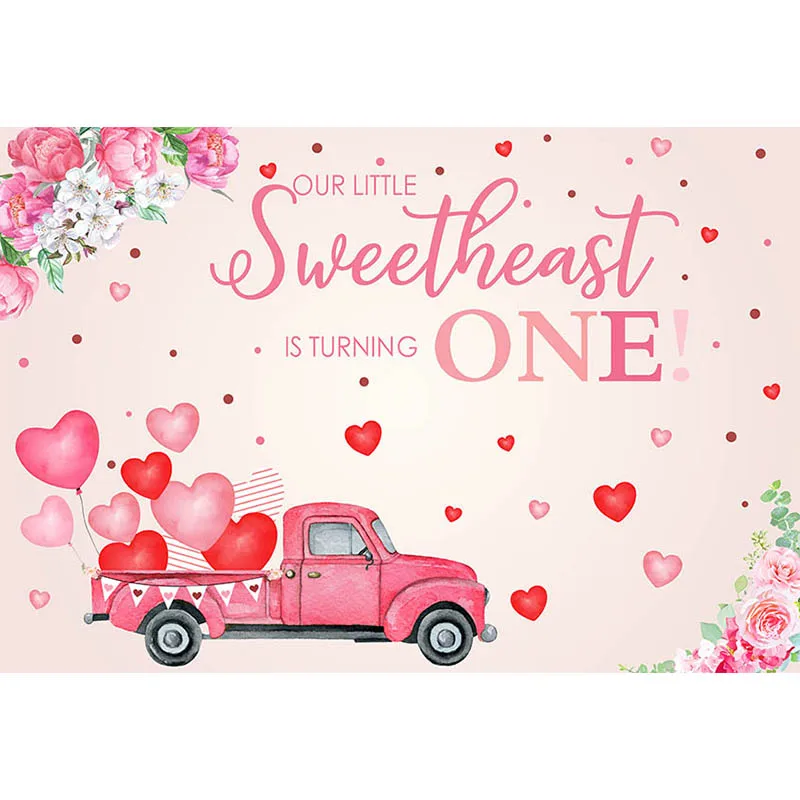 Avezano Pink Valentine's Day Photography Background Flower Car Sweetheart Balloons Girl 1st Birthday Banner Backdrop Studio Prop