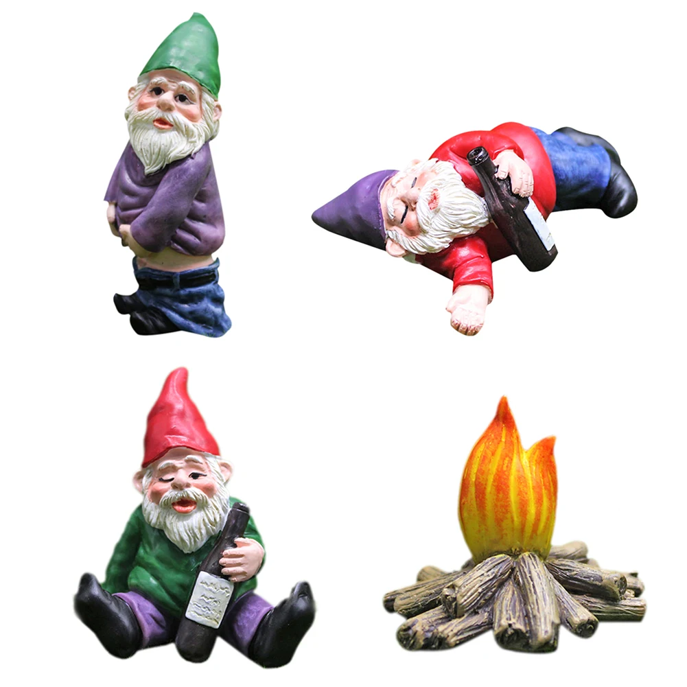 4 Pcs Mini Fairy Garden Drunk Gnomes Miniature Ornaments Set Mini Dwarf Bonfire Statues for Planter Flowerpot Decor Accessories