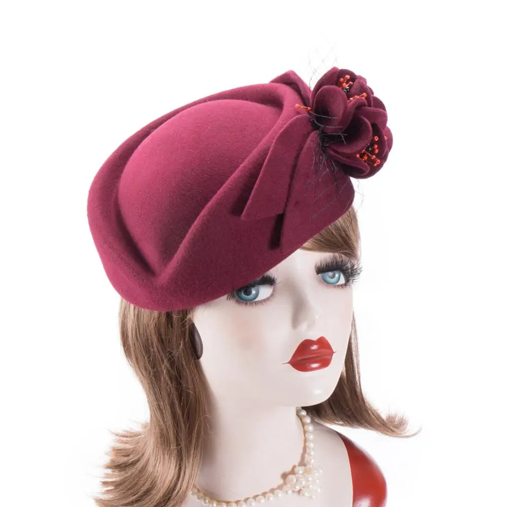 Winter Hats for Women Fascinators Pillbox Bere 100% Wool Felt Formal Dressy Cap Cocktail Church Wedding Bridal A131