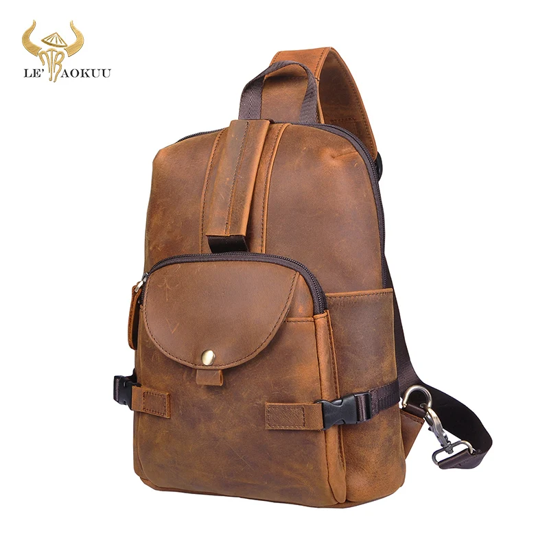 

2020 New Men Crazy Horse Leather Casual Vintage Triangle Chest Sling Bag 8" Design Travel One Shoulder Crossbody Bag Male 3028