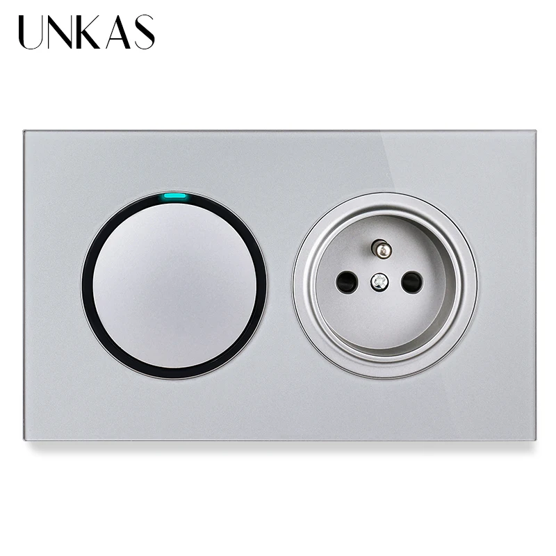 

UNKAS 1 Gang 1 Way / 2 Way + French Standard Wall Power Socket On / Off Light Switch LED Indicator White Crystal Glass Panel 16A