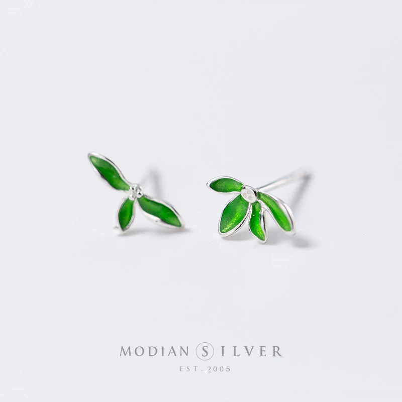 Modian Green Enamel Leaves Stud Earrings for Girls Lady Women 925 Sterling Silver Tree of Life Prevent Allergy Jewelry Brinco