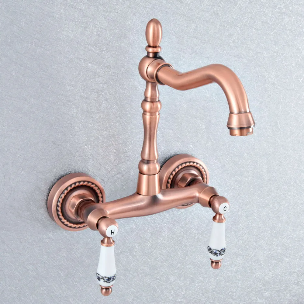 

Antique Red Copper Wall Mounted Dual Ceramic Handles Swivel Spout Kitchen Sink Mixer Tap / Bathroom Basin Faucets Nsf889