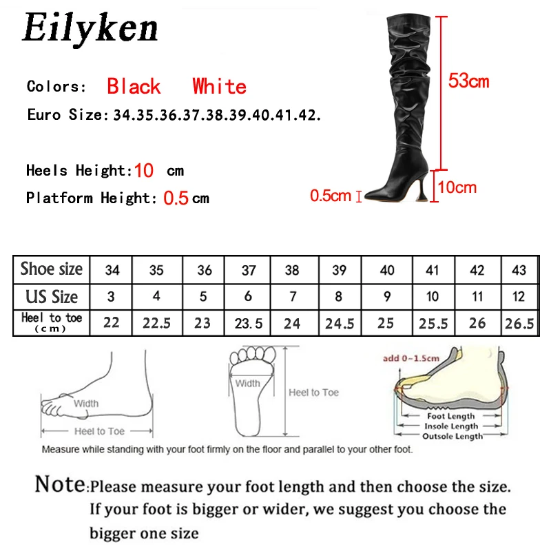 Eilyken บูทเหนือเข่าหนังอัดจีบสีขาว, รองเท้าบูทแฟชั่นส้นสูงแบบเซ็กซี่มีซิป