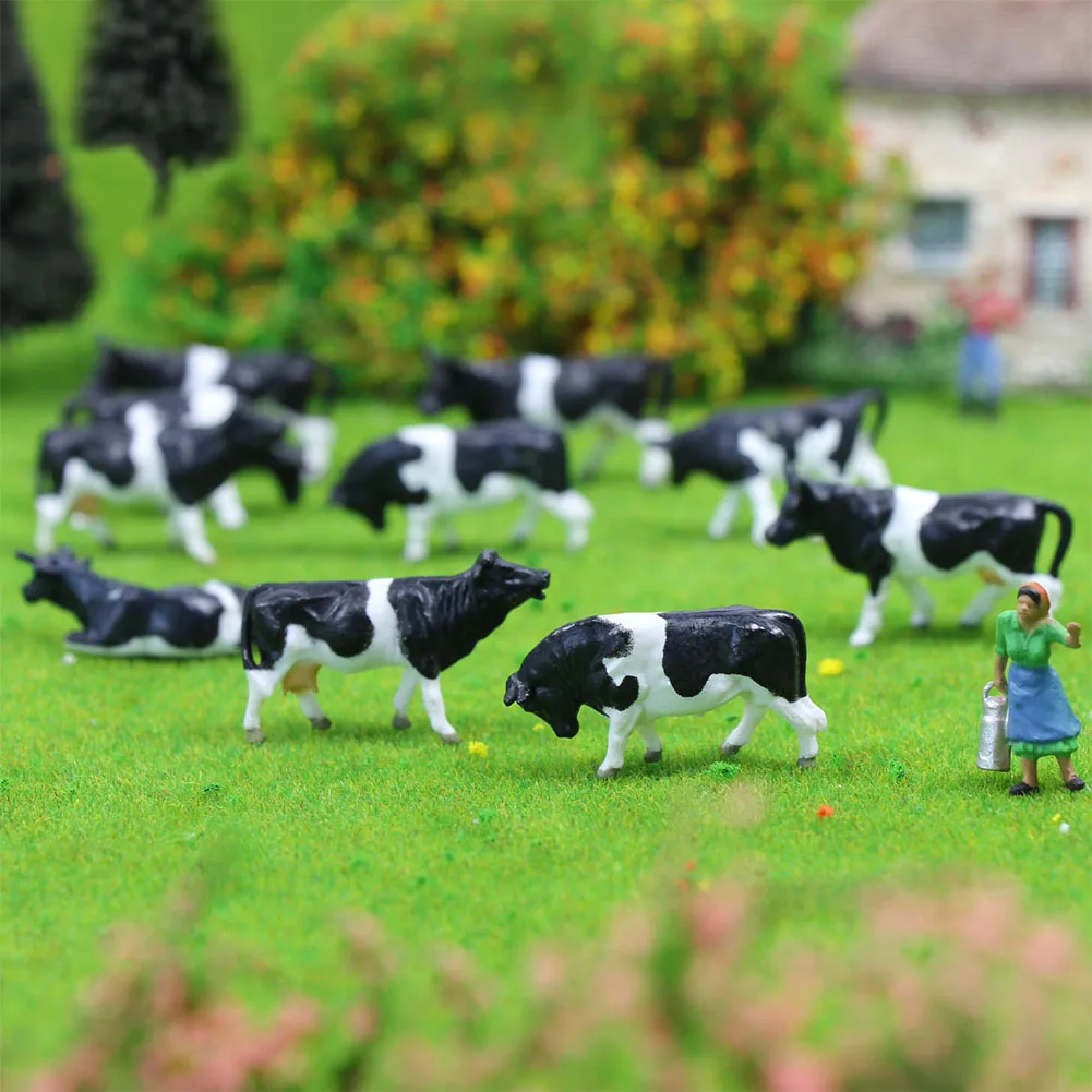 Evemodel 32pcs Model Railway HO Scale 1:87 Painted Farm Animals Black White Cows 8 Different Poses P8714