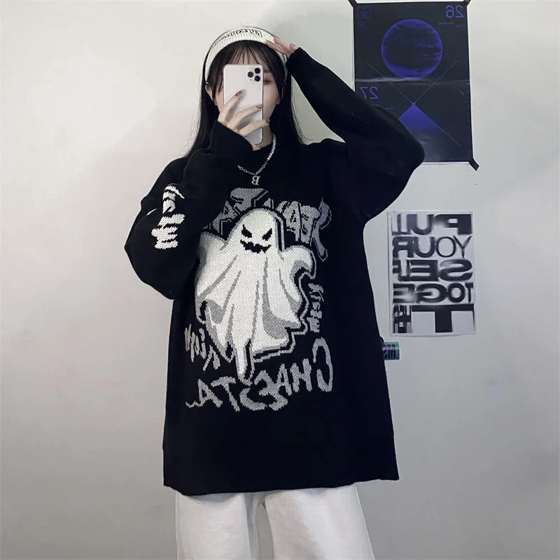 Oversized Knitted Sweater with Cartoon Print,Casual Warm Pullover,Horror Sweater,Vintage Coat,Korean Version,Halloween Fashion